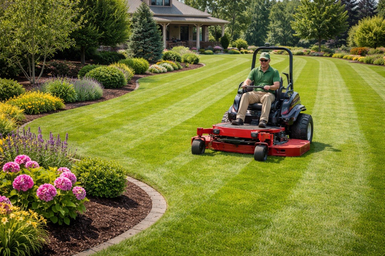 Professional lawn mowing with zero-turn mower in Penticton BC