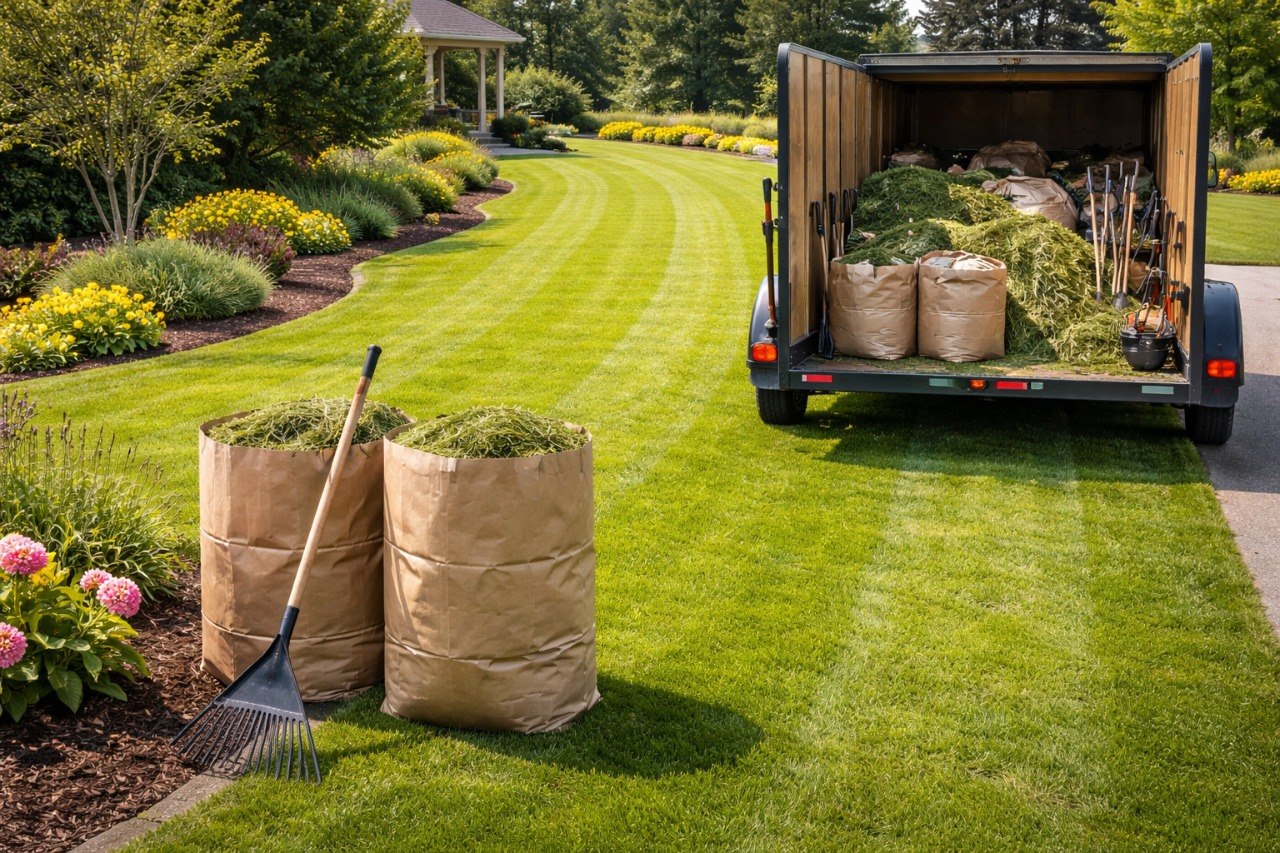 Lawn mowing and cleanup service in Penticton BC — striped lawn with garden beds